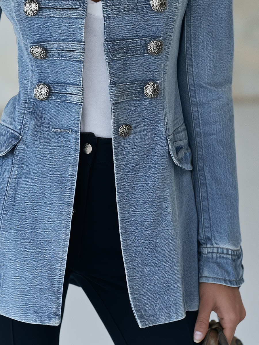 Marina | Abrigo vaquero azul de estilo militar con doble botonadura