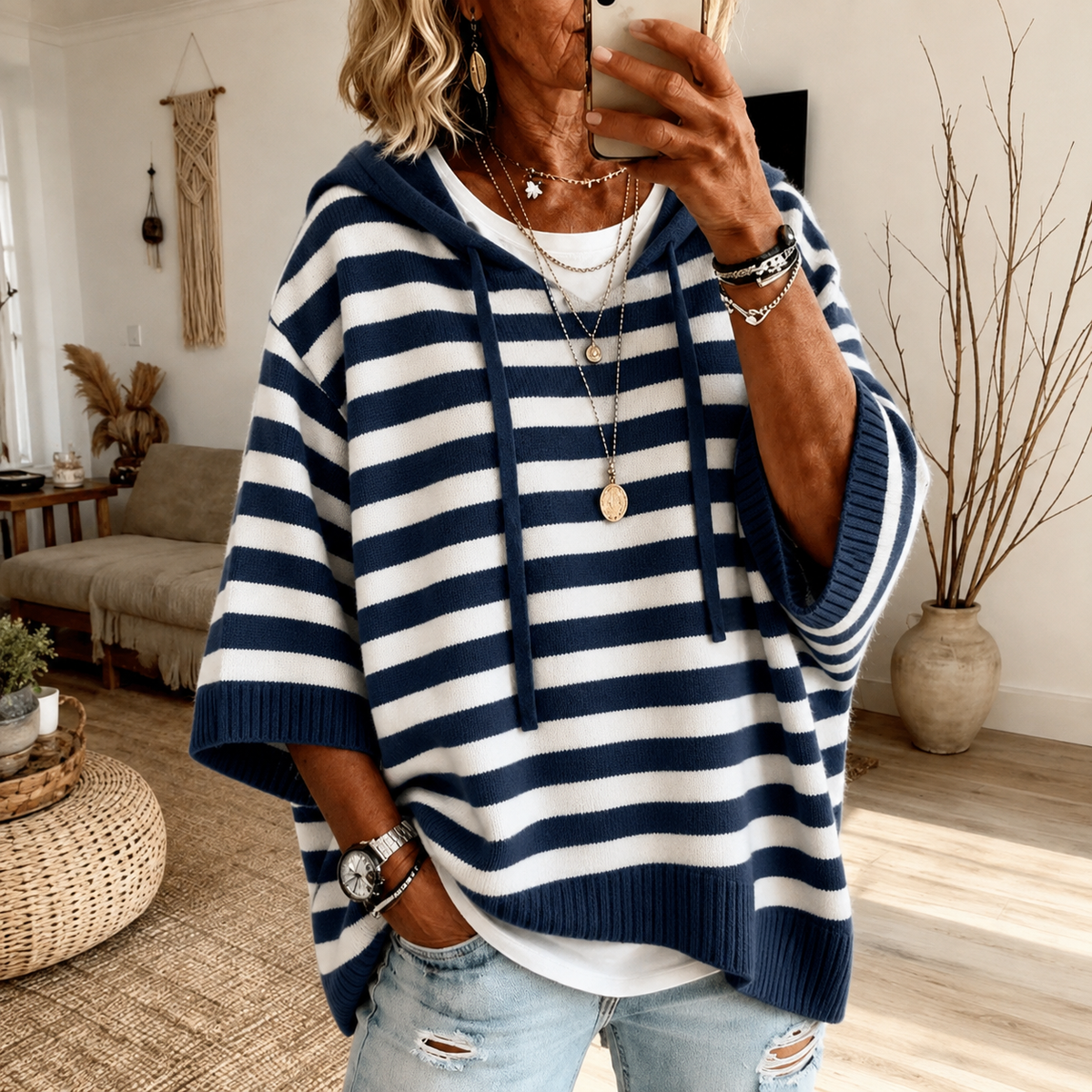 Marine – Jersey poncho de rayas azul marino