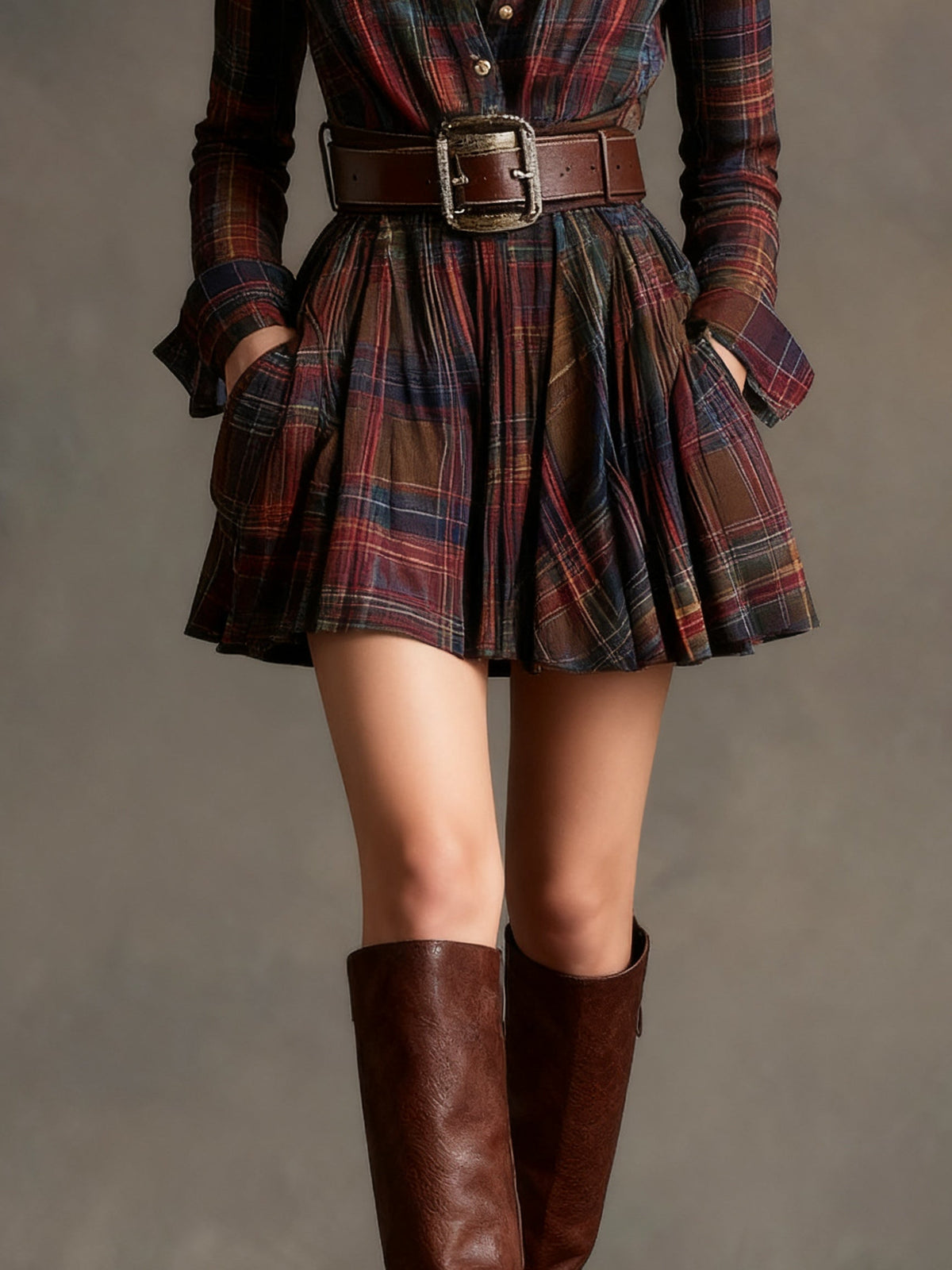 Vestido corto vintage de cuadros rojos y marrones (incluye cinturón)
