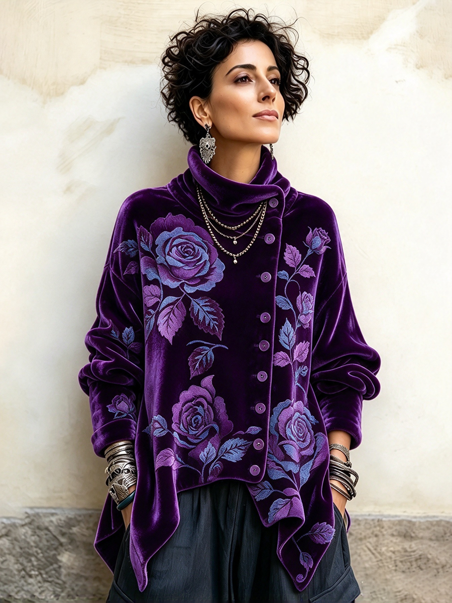 Jersey elegante de terciopelo con estampado de rosas, cuello asimétrico y botones