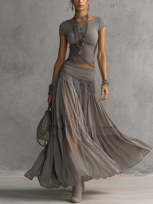 Alba - Conjunto con top gris con paneles de encaje y falda larga plisada