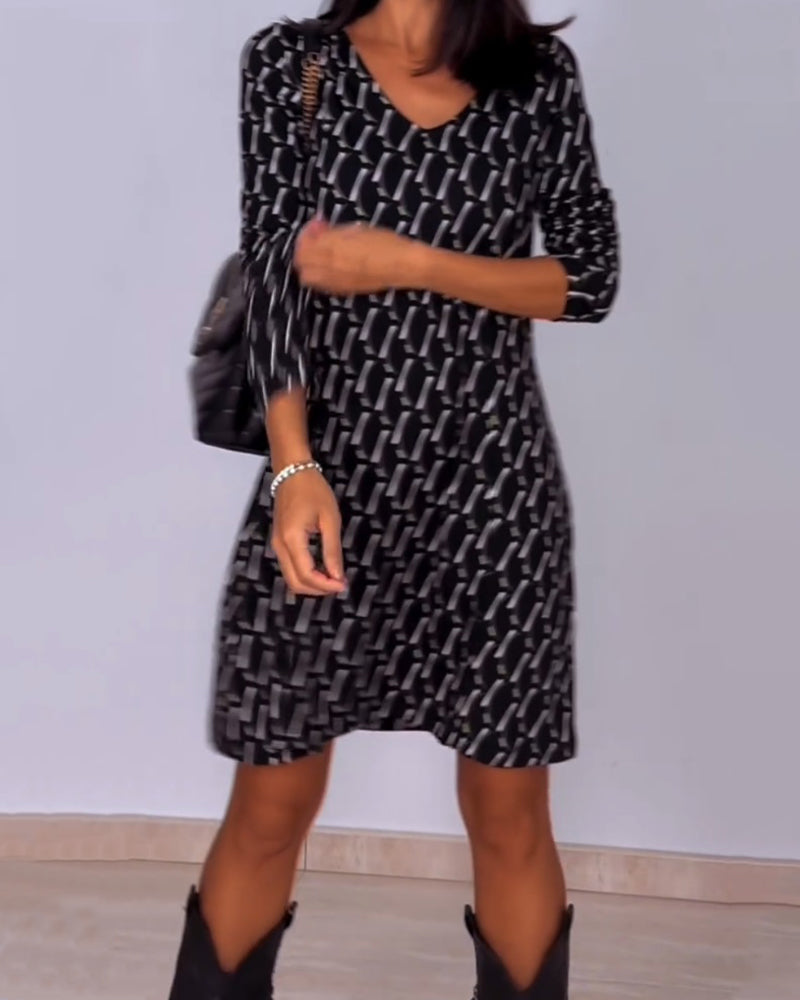 Vestido Cuadros Con Escote En V Y Manga Larga