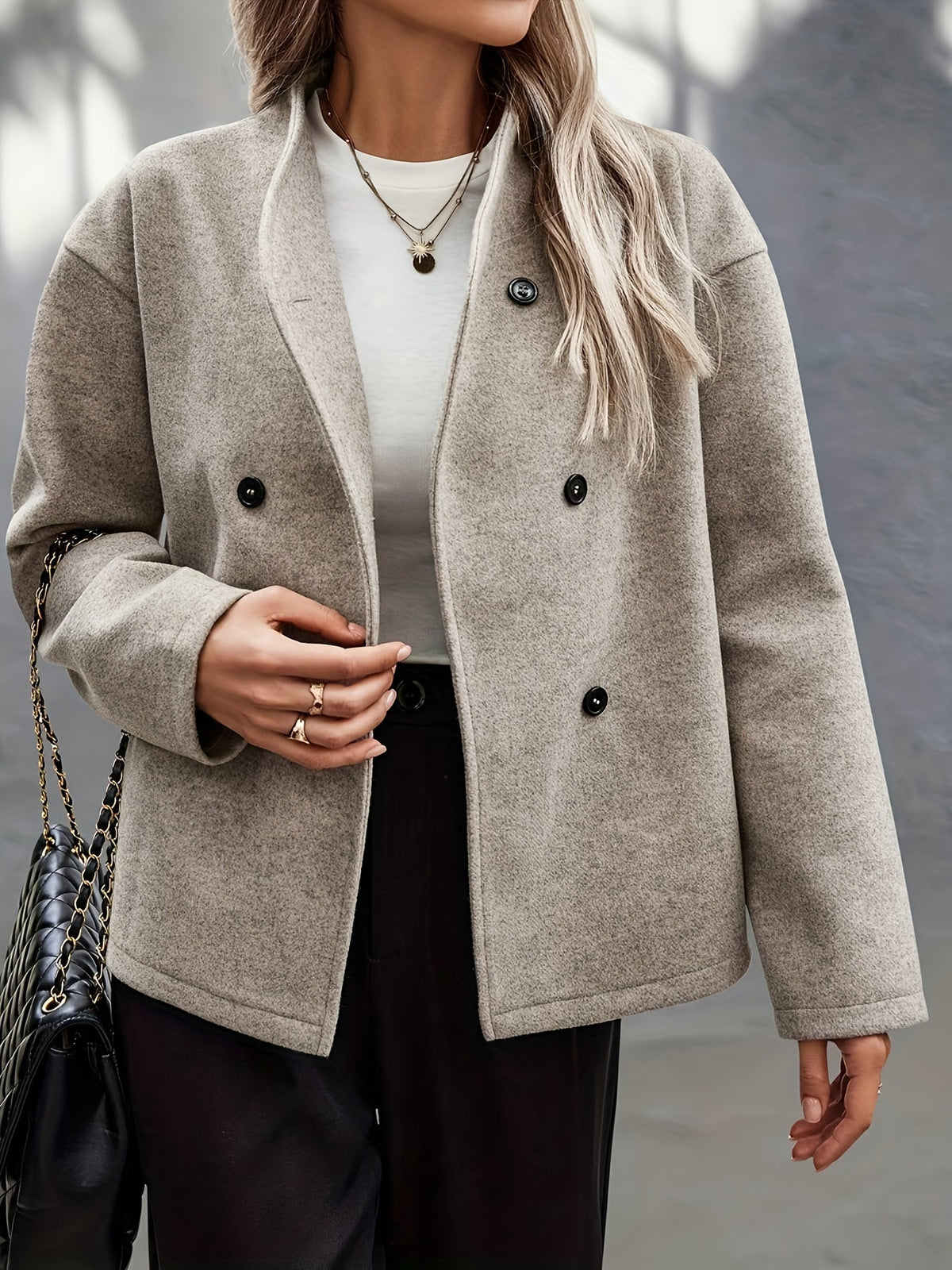 Helen / Elegante abrigo de lana color albaricoque para mujer, con cuello alto, manga larga, cierre cruzado de doble botonadura y corte oversize