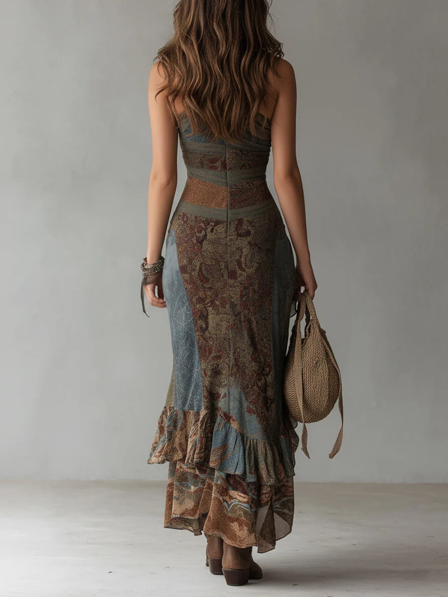 Vestido Largo Asimétrico Estampado Étnico con Abertura