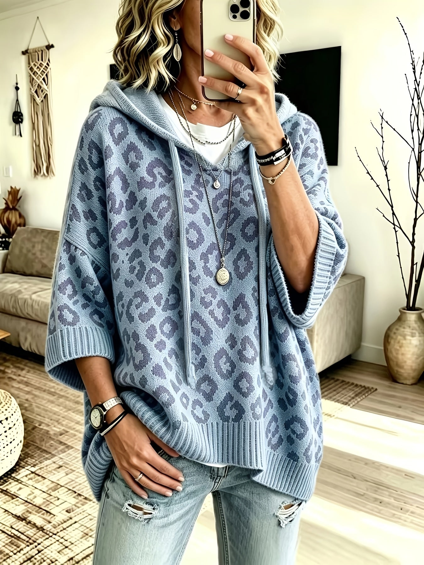 Sudadera Oversize Estampada de Leopardo Cómoda para Mujer con Cuello con Capucha, Manga Murciélago y Estilo de Punto con Cordón