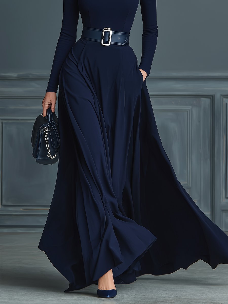 Vestido de Punto Azul Oscuro con Cuello Alto para Mujer