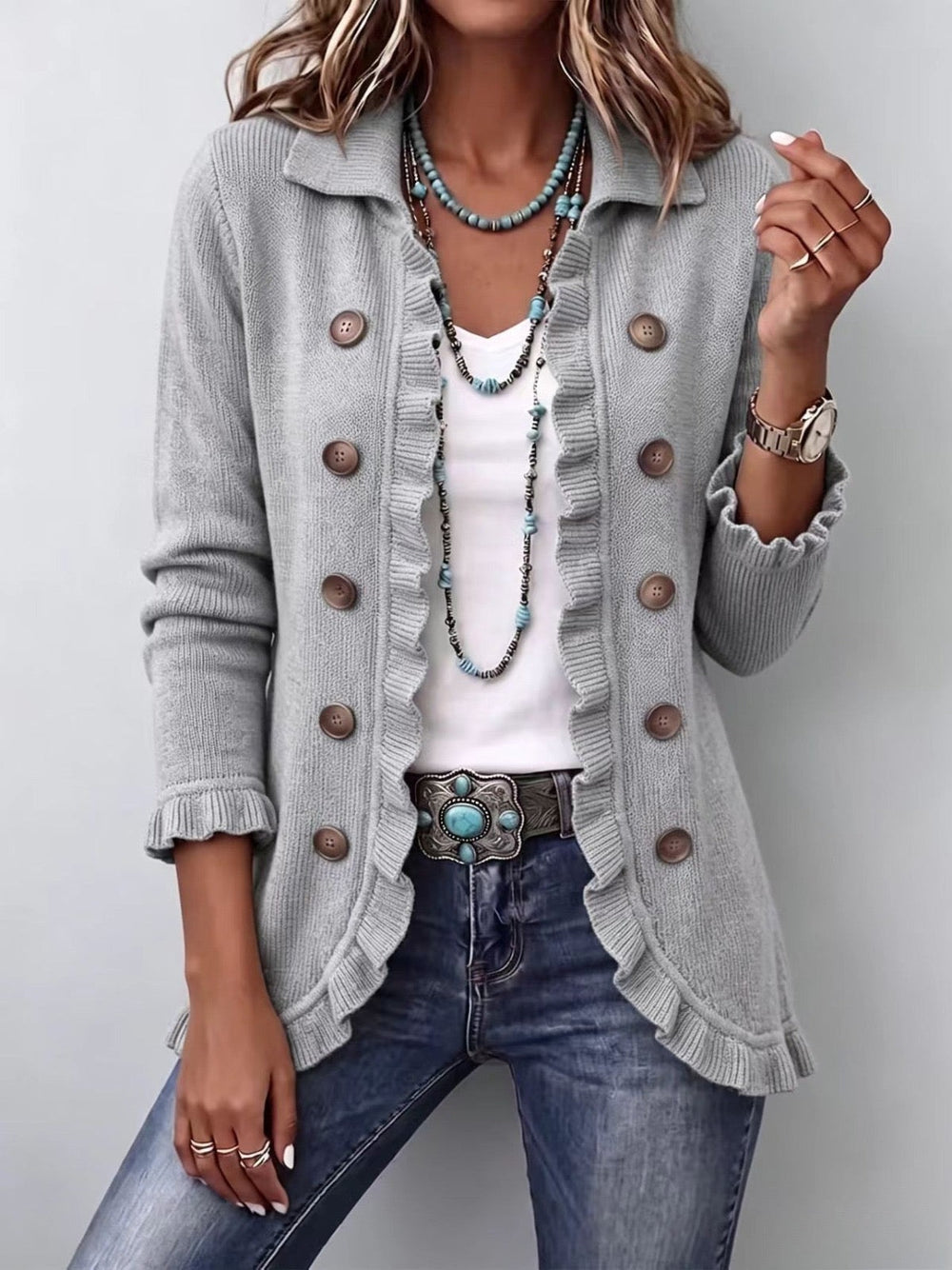 Elowen | Chaqueta con Volantes de Punto Gris