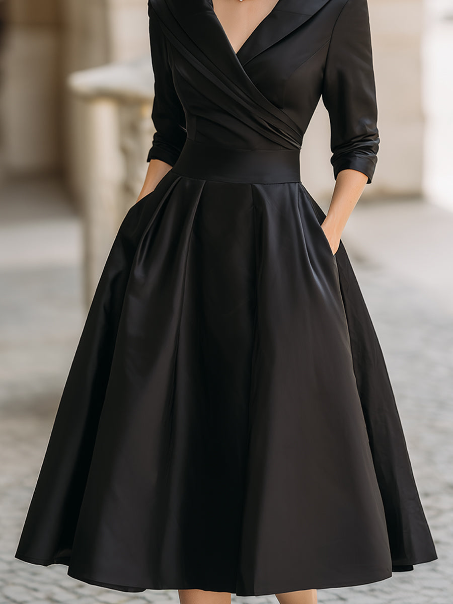 Vestido Midi de Satén Vintage con Escote Drapeado