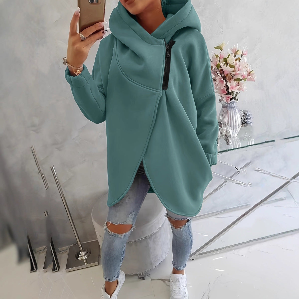 Sudadera de Forro Polar sin Esfuerzo para Mujer con Cuello Drapeado, Manga Larga, Bajo Asimétrico Tulipán y Estilo Relajado