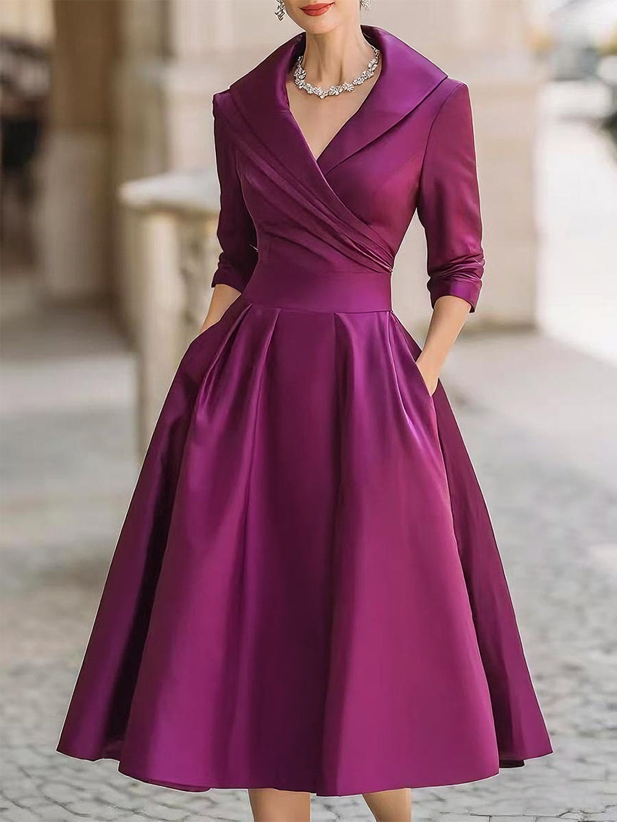Vestido Midi de Satén Vintage con Escote Drapeado