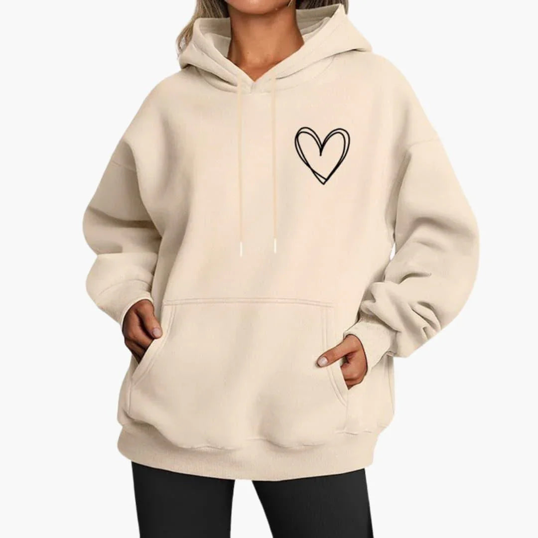 Sudadera Estampada de Corazones Cómoda para Mujer con Capucha de Cordón, Manga Larga y Estilo Oversize Relajado