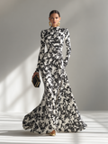Vestido Maxi Floral Elegante Cuello Alto Manga Larga
