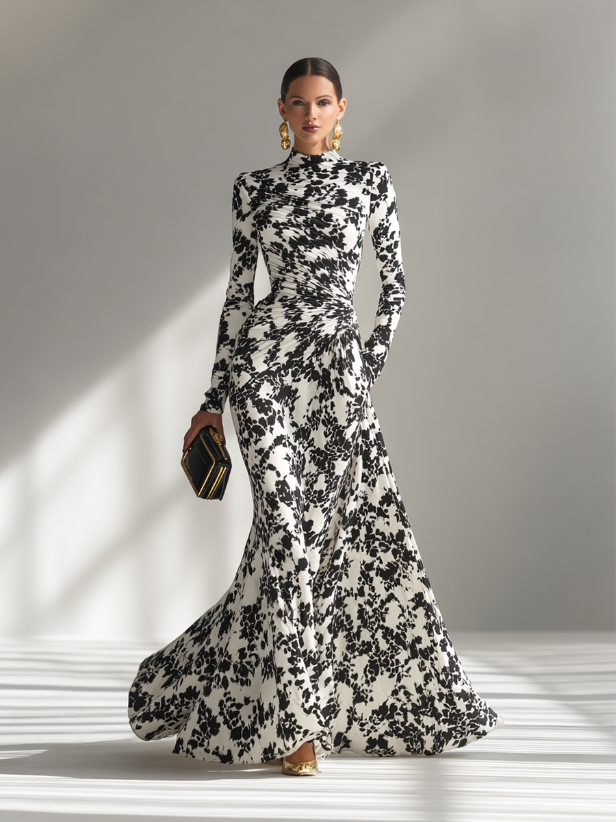 Vestido Maxi Floral Elegante Cuello Alto Manga Larga