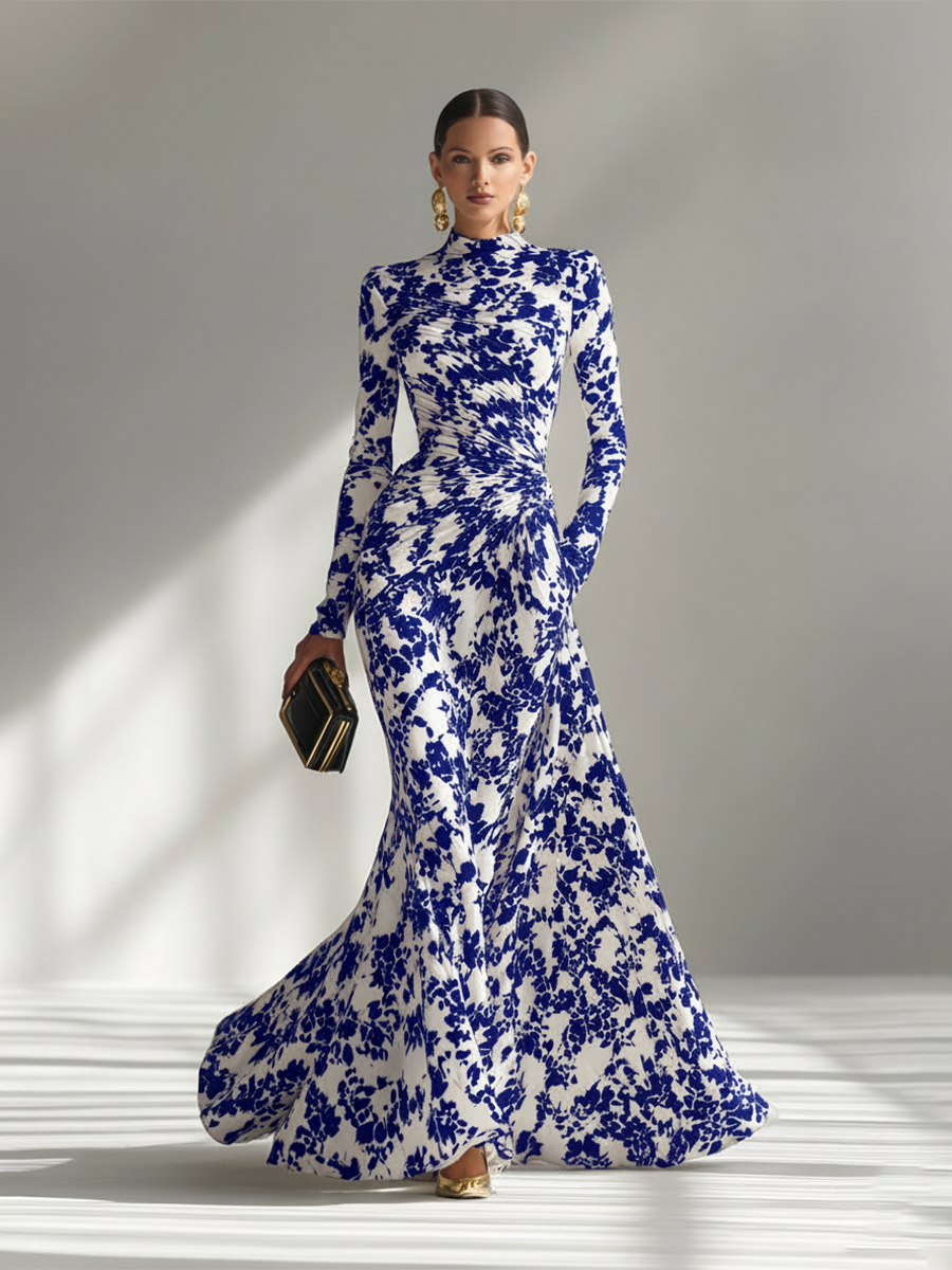 Vestido Maxi Floral Elegante Cuello Alto Manga Larga
