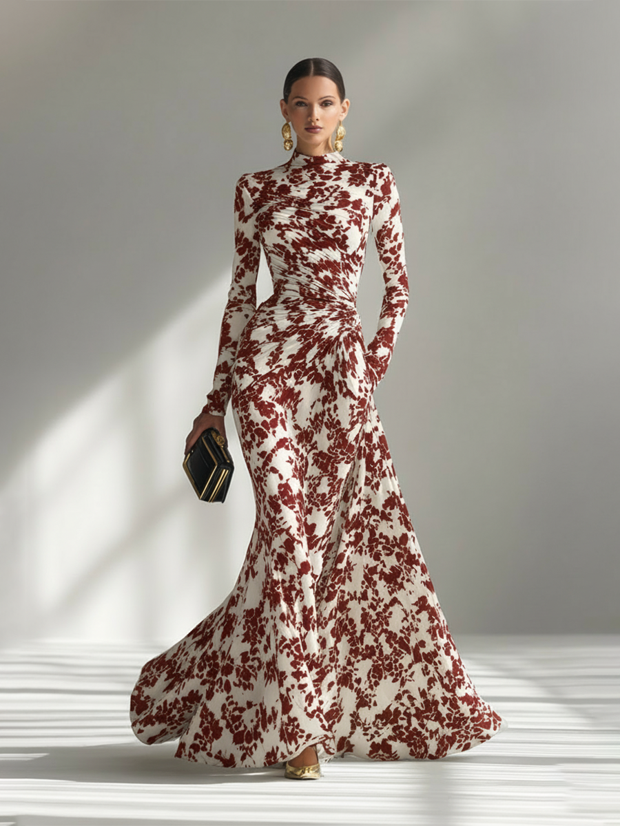 Vestido Maxi Floral Elegante Cuello Alto Manga Larga