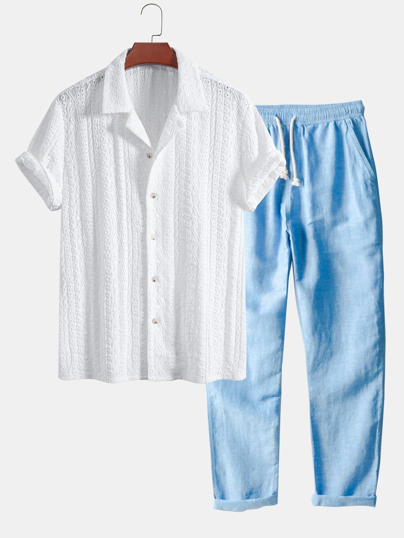 Conjunto Camisa Cubana Jacquard y Pantalón Recto de Lino