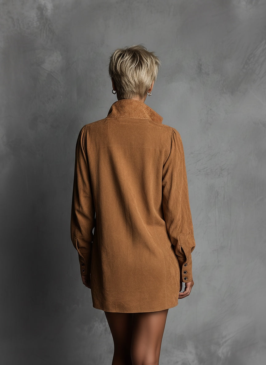 Vestido Informal de Ante Grabado con Cuello en V y Manga Larga para Mujer