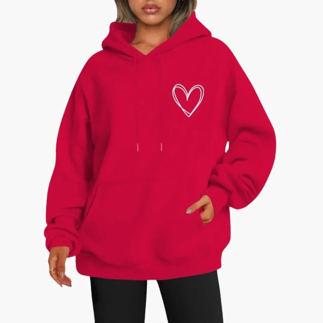 Sudadera Estampada de Corazones Cómoda para Mujer con Capucha de Cordón, Manga Larga y Estilo Oversize Relajado