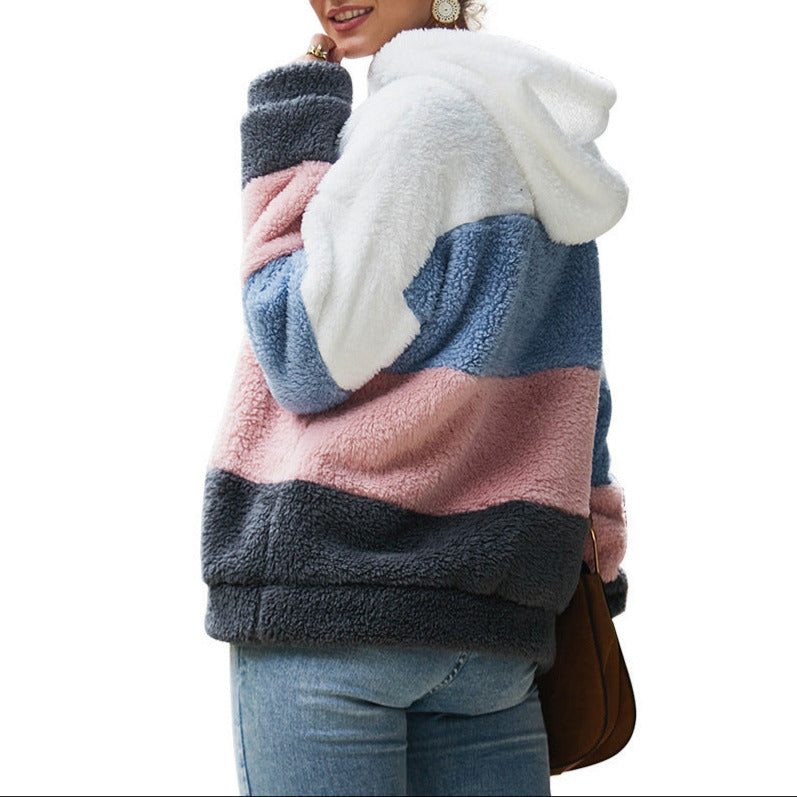 Sudadera de Borreguito de Bloques de Color Cómoda para Mujer con Capucha de Cordón, Manga Larga y Estilo Oversize de Forro Polar