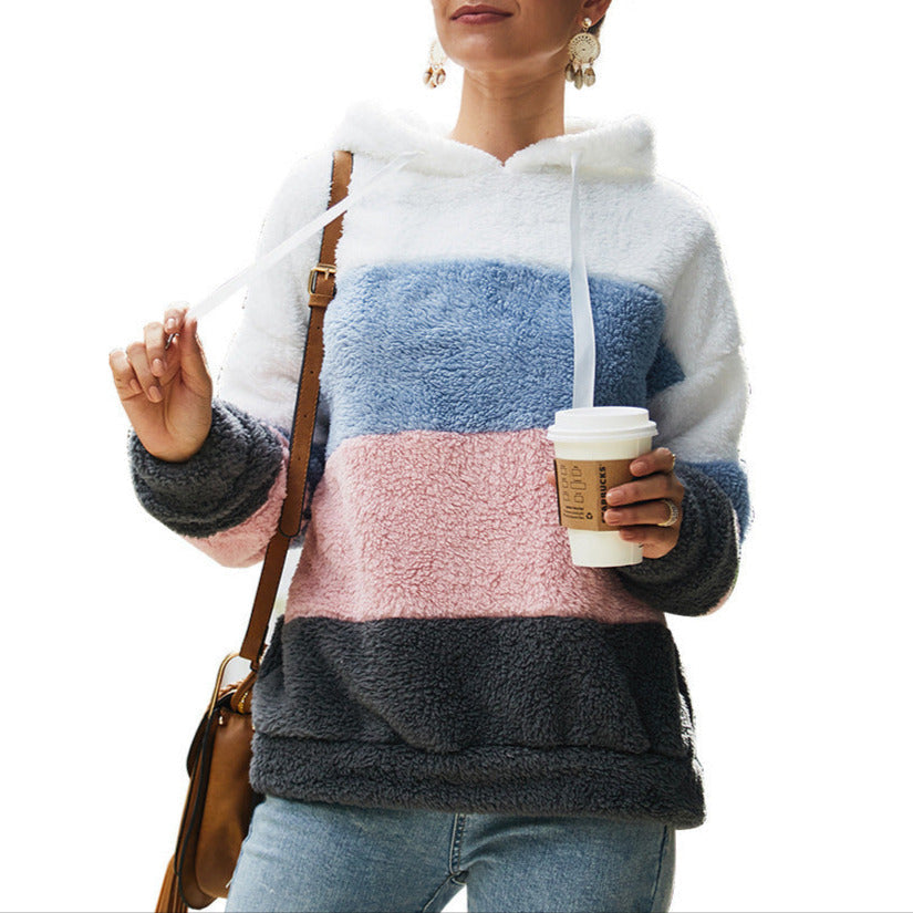 Sudadera de Borreguito de Bloques de Color Cómoda para Mujer con Capucha de Cordón, Manga Larga y Estilo Oversize de Forro Polar