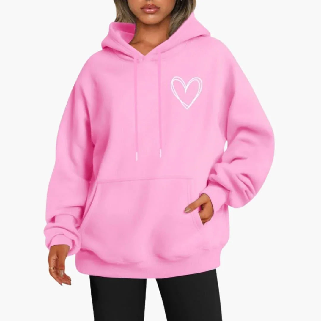 Sudadera Estampada de Corazones Cómoda para Mujer con Capucha de Cordón, Manga Larga y Estilo Oversize Relajado