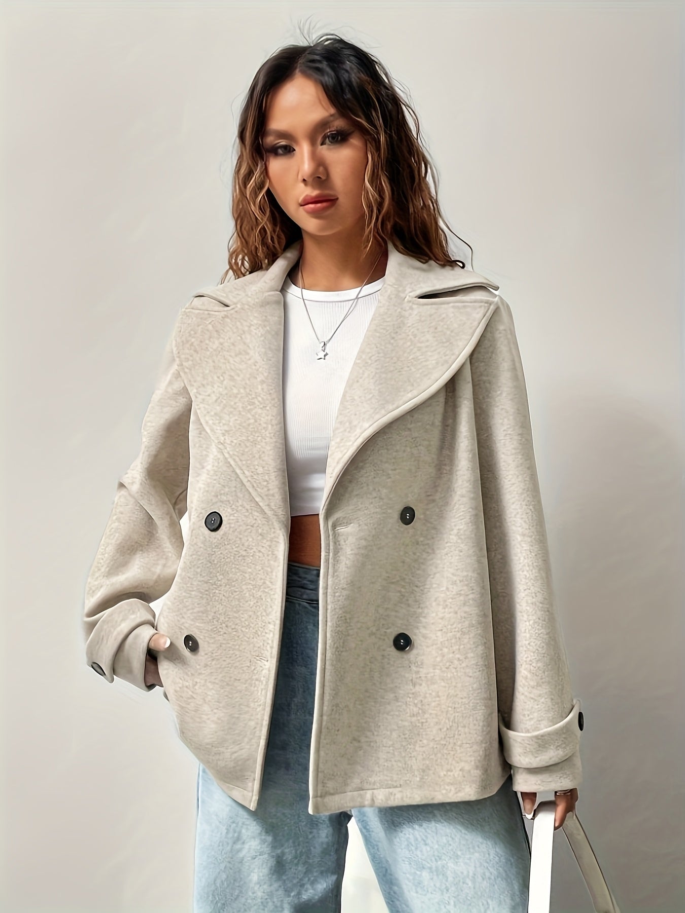 Geder / Elegante abrigo beige para mujer con cuello de solapas de muesca, manga larga, cierre cruzado de doble botonadura y corte relajado