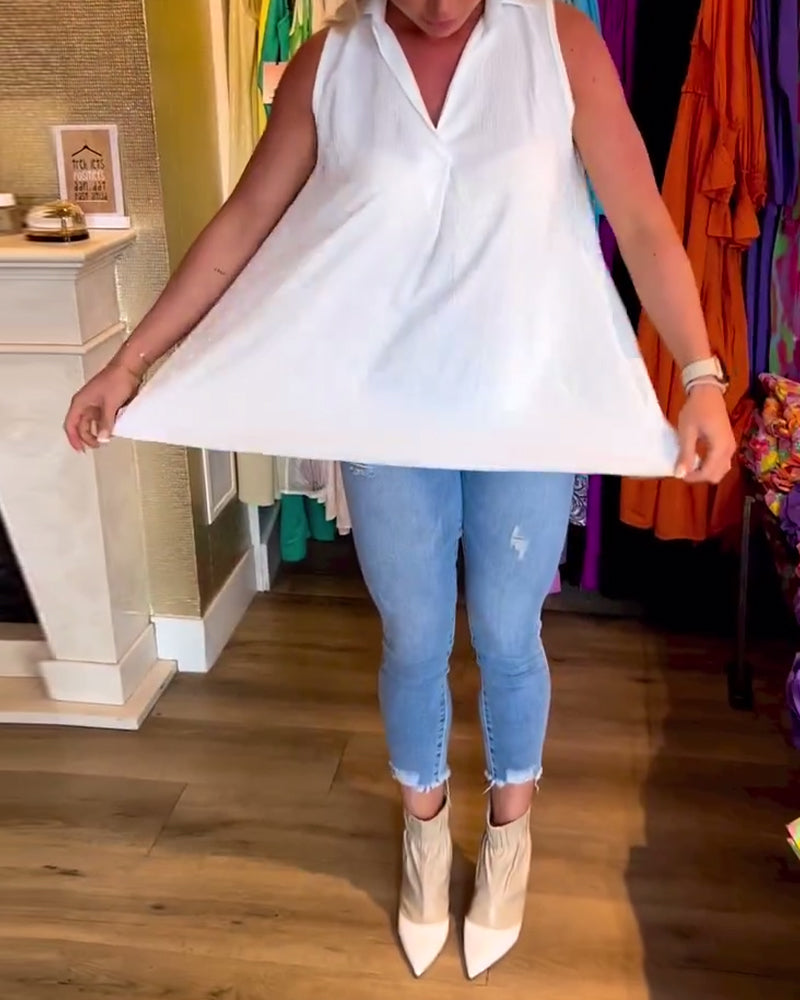 Blusa Sin Mangas Con Volantes y Cuello Solapa