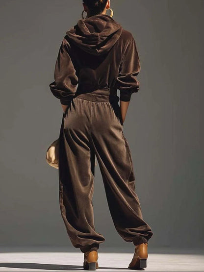 Conjunto vintage de sudadera con capucha y pantalón ancho de terciopelo marrón (incluye cinturón)