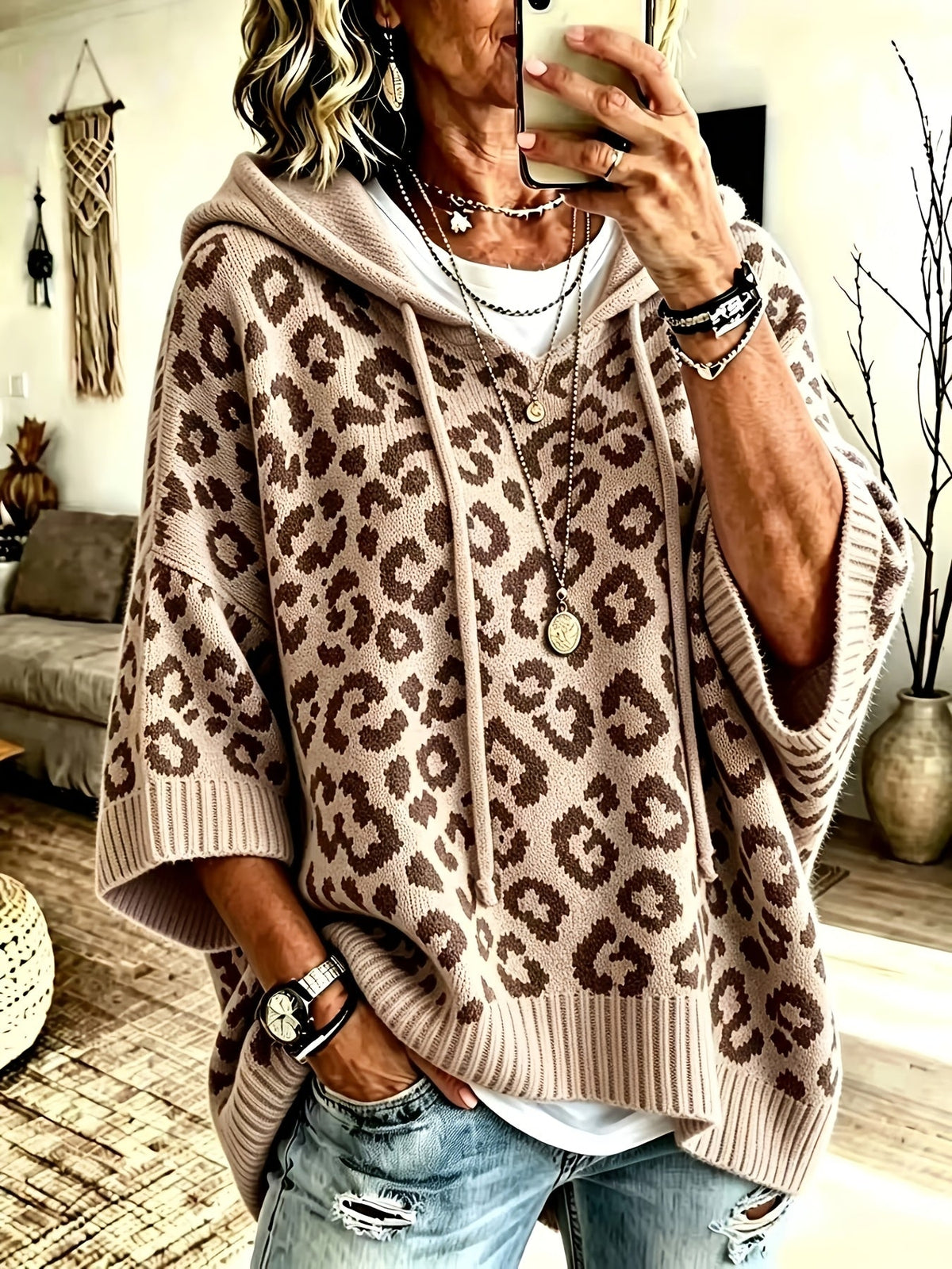 Sudadera Oversize Estampada de Leopardo Cómoda para Mujer con Cuello con Capucha, Manga Murciélago y Estilo de Punto con Cordón