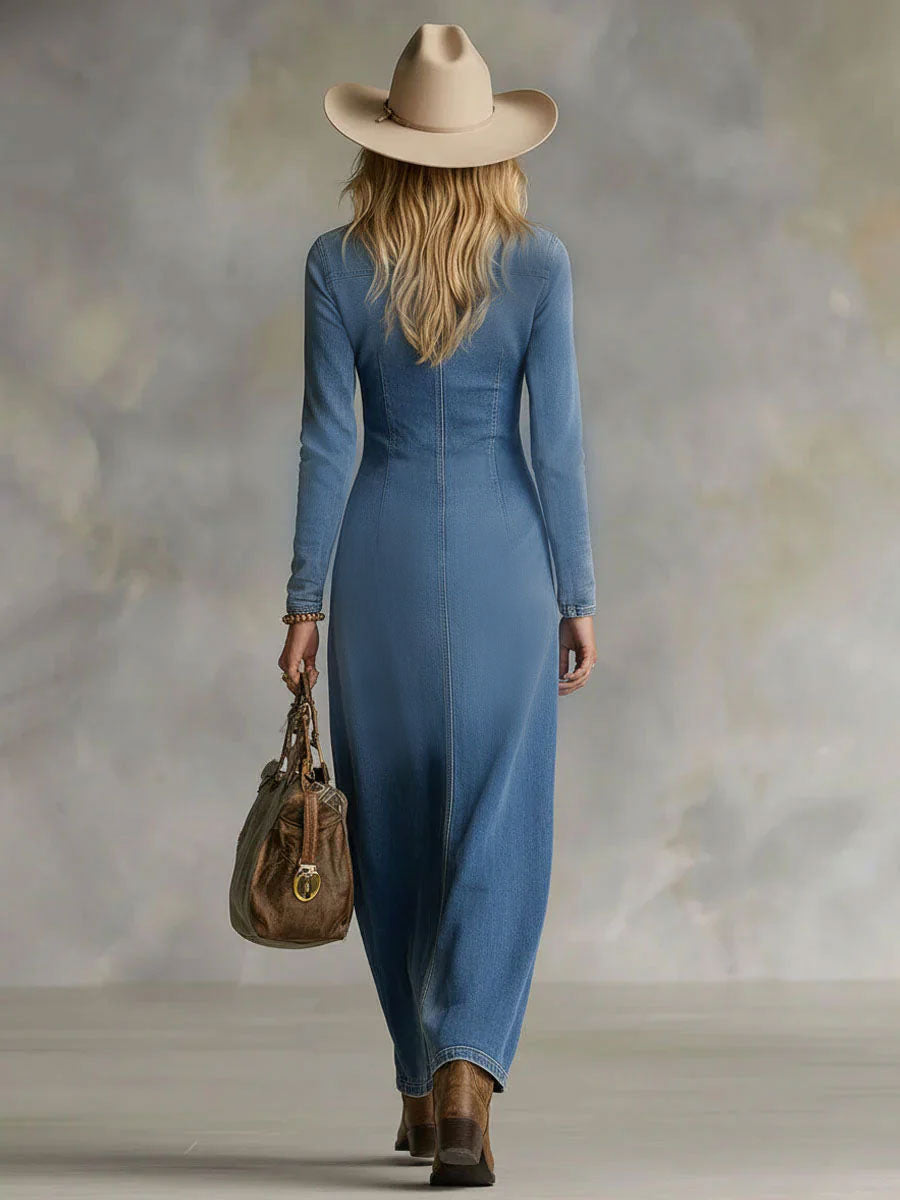 Agape | Vestido largo vaquero de manga larga con escote en V, un botón y abertura lateral