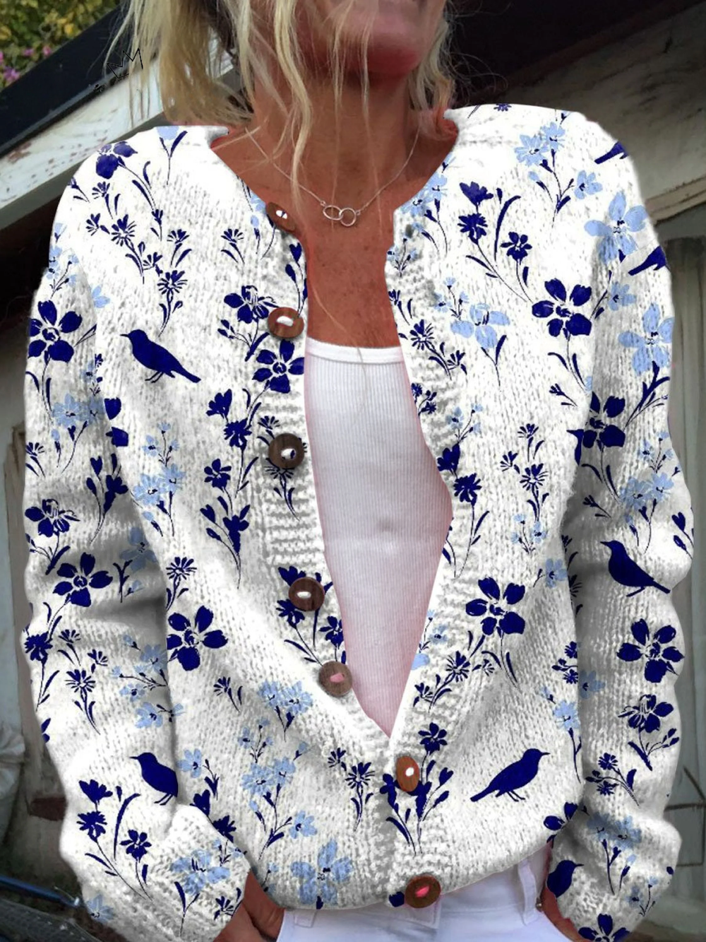 Vynora™ | Cárdigan de Punto con Estampado Vintage de Flores y Pájaros con Botones