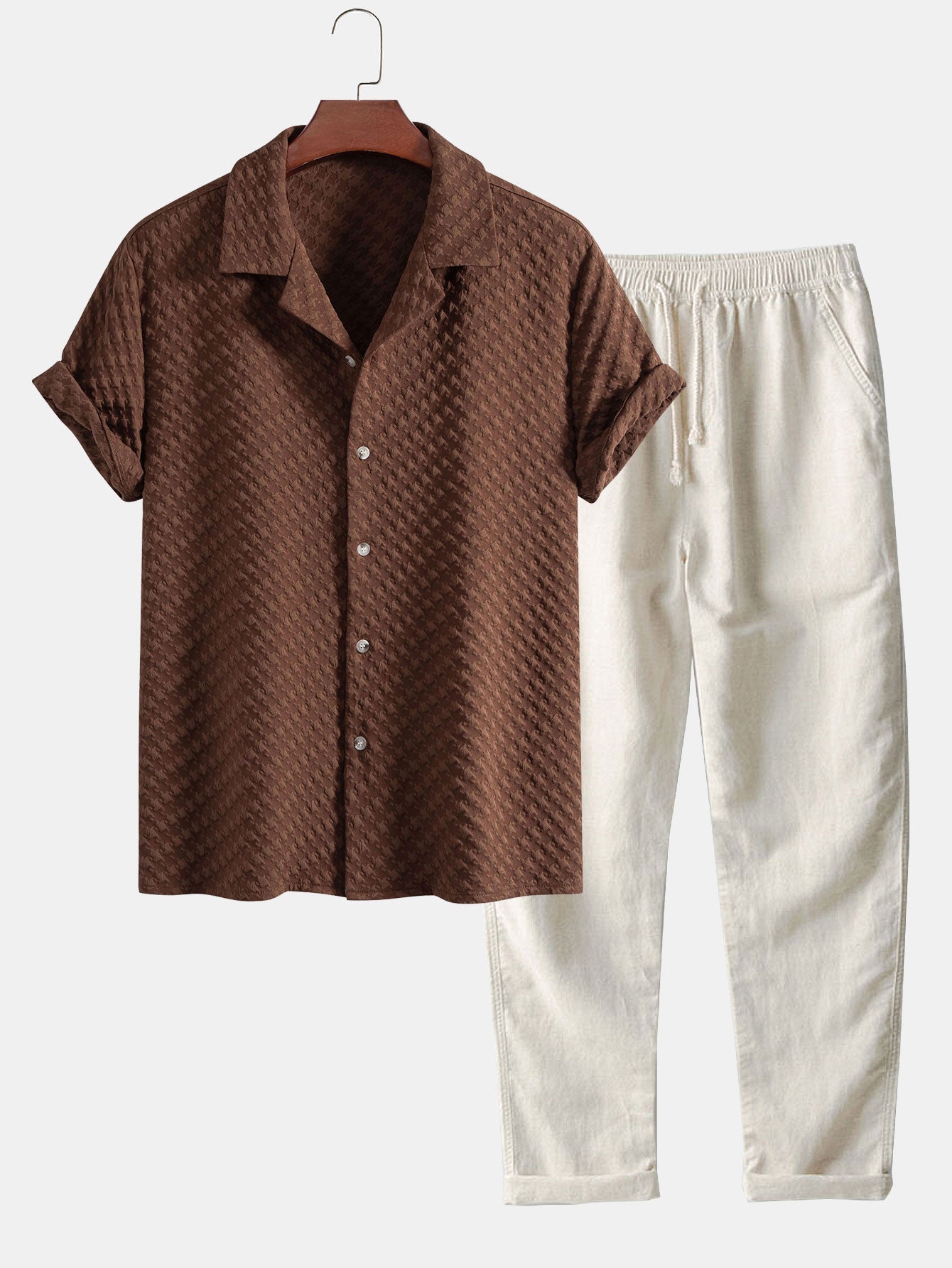 Conjunto Camisa Cubana Jaquard Pata de Gallo y Pantalón de Lino