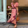 Vestido Maxi Rosa Elegante de Manga Corta