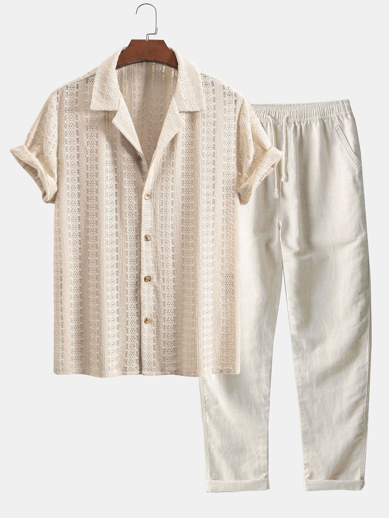 Conjunto Camisa Cubana Jacquard Floral y Pantalón Recto