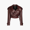 Carol/ Elegante chaqueta de cuero marrón para mujer con solapas de muesca, manga larga, corte cropped y cinturón estilo biker