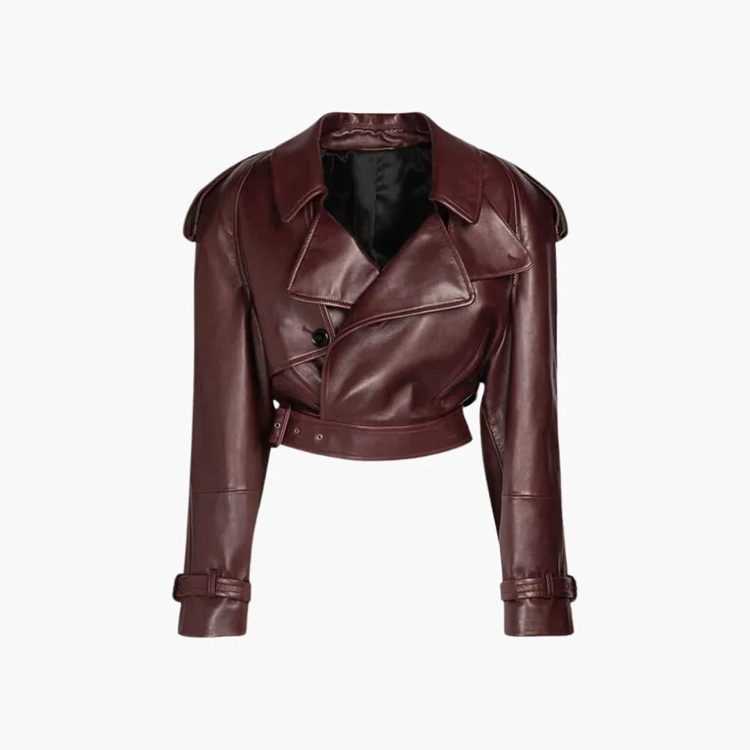 Carol/ Elegante chaqueta de cuero marrón para mujer con solapas de muesca, manga larga, corte cropped y cinturón estilo biker