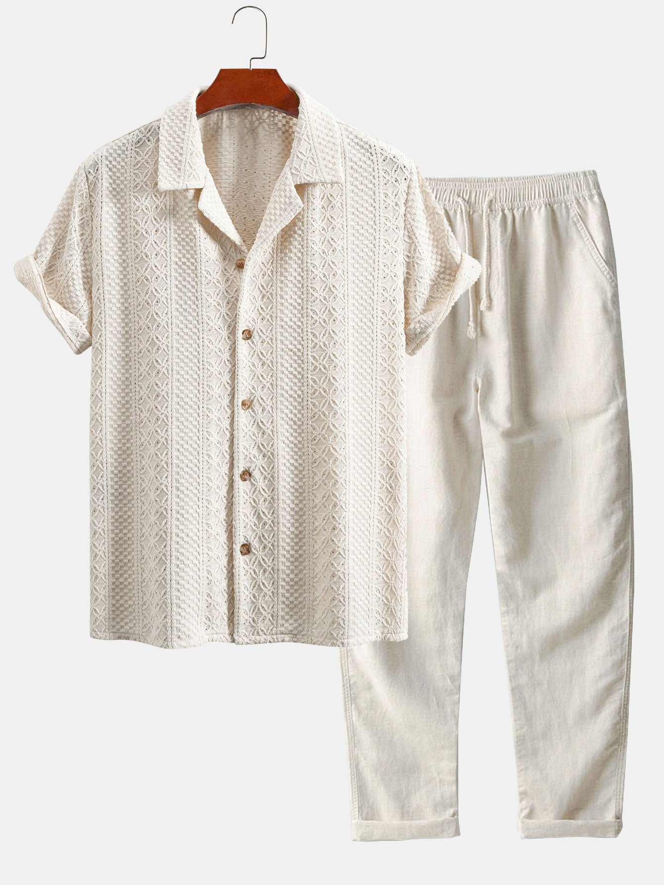 Conjunto Camisa Cubana Jacquard Floral y Pantalón Recto