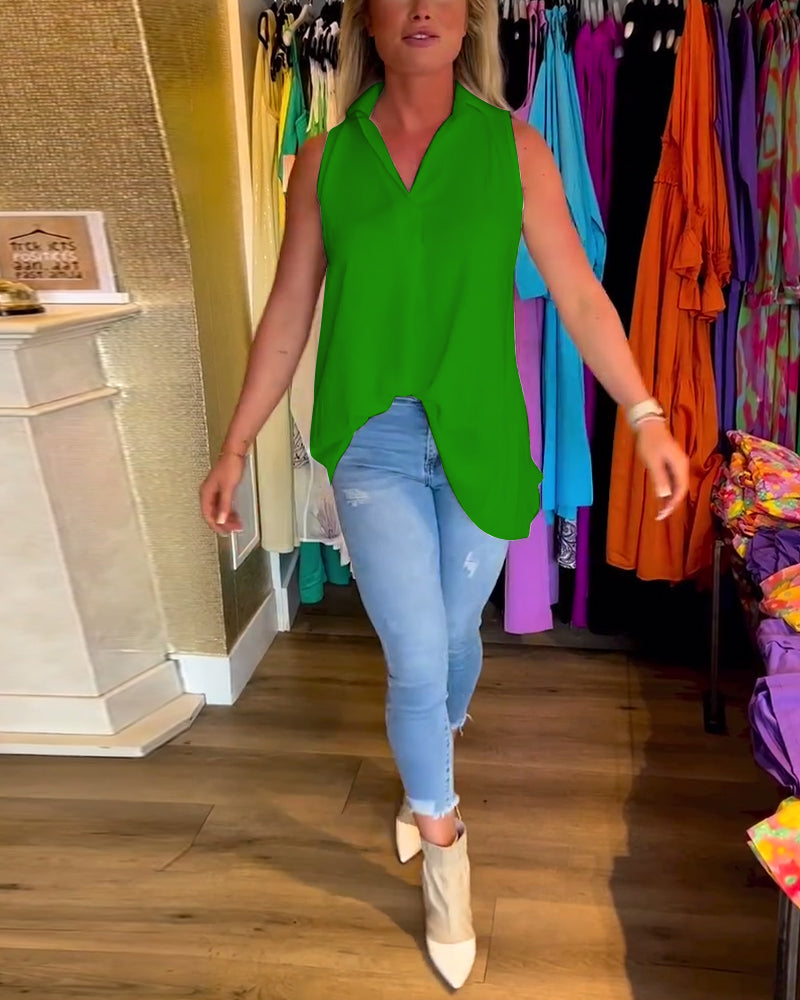 Blusa Sin Mangas Con Volantes y Cuello Solapa