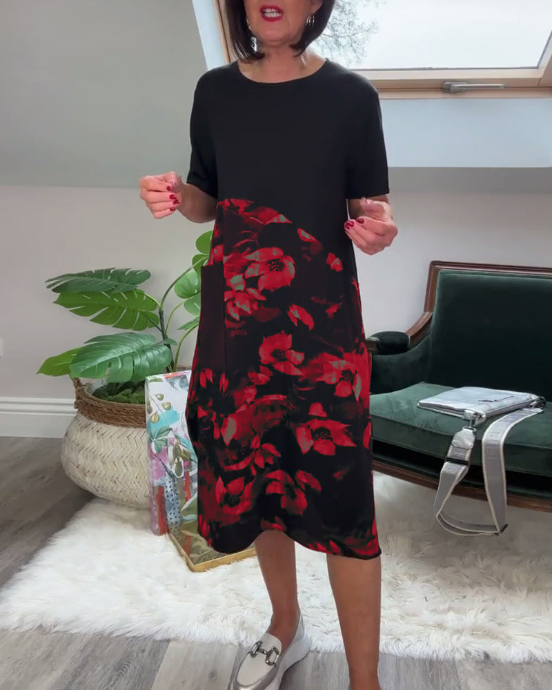 Vestido Patchwork con Flores y Cuello Redondo