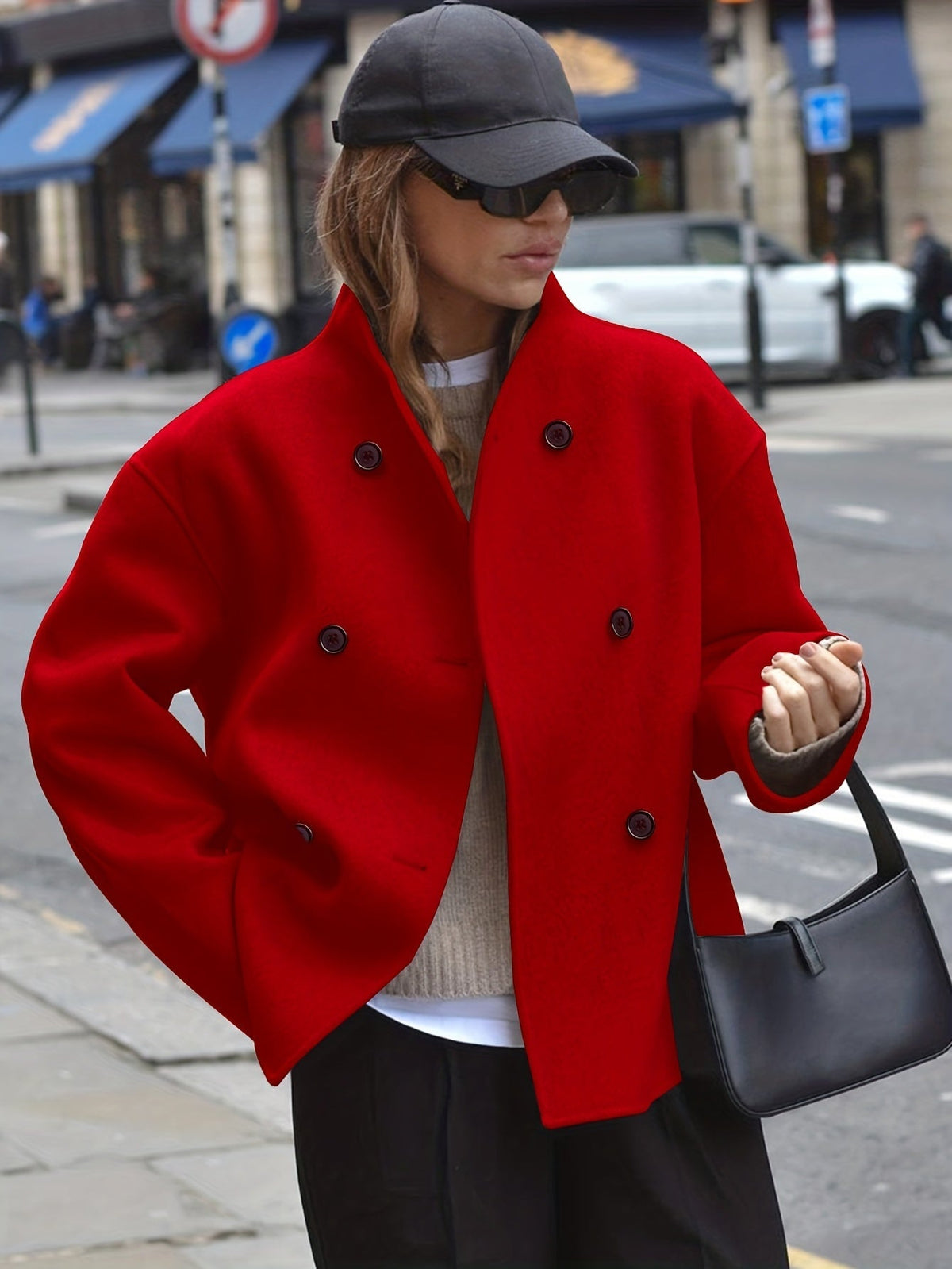 Beatrice / Abrigo de lana para mujer con cuello alto, manga larga, cierre cruzado de doble botonadura y corte oversize de estilo casual