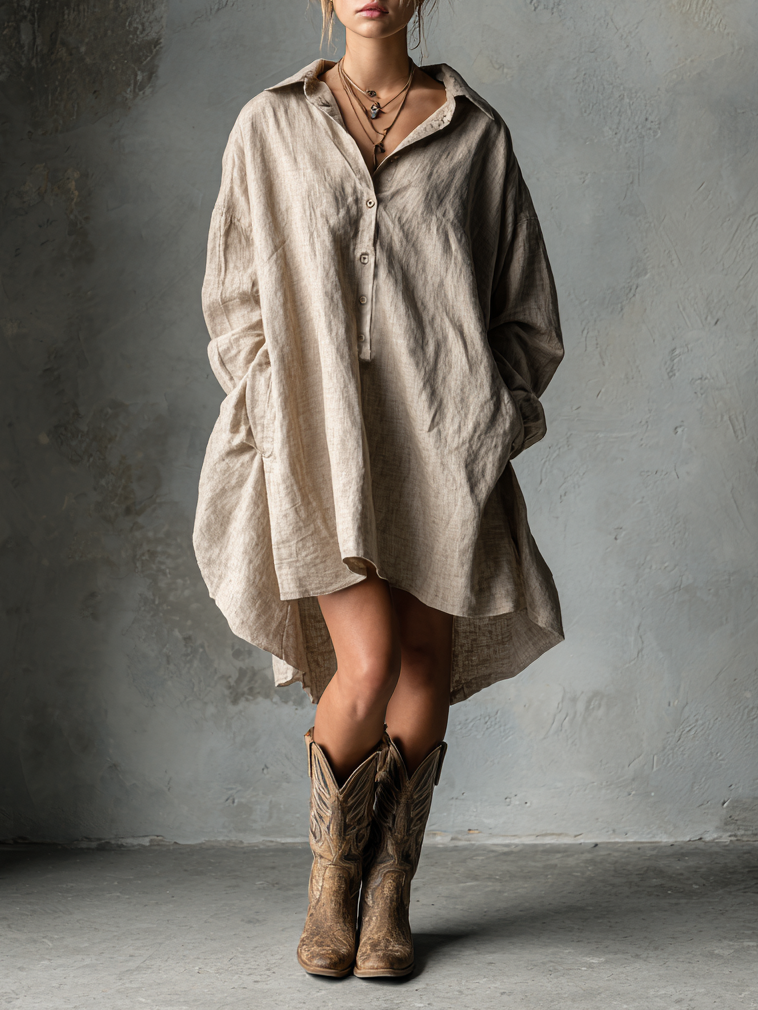 Vestido Mini a la Moda Holgado de Algodón y Lino con Solapa de Botones para Mujer