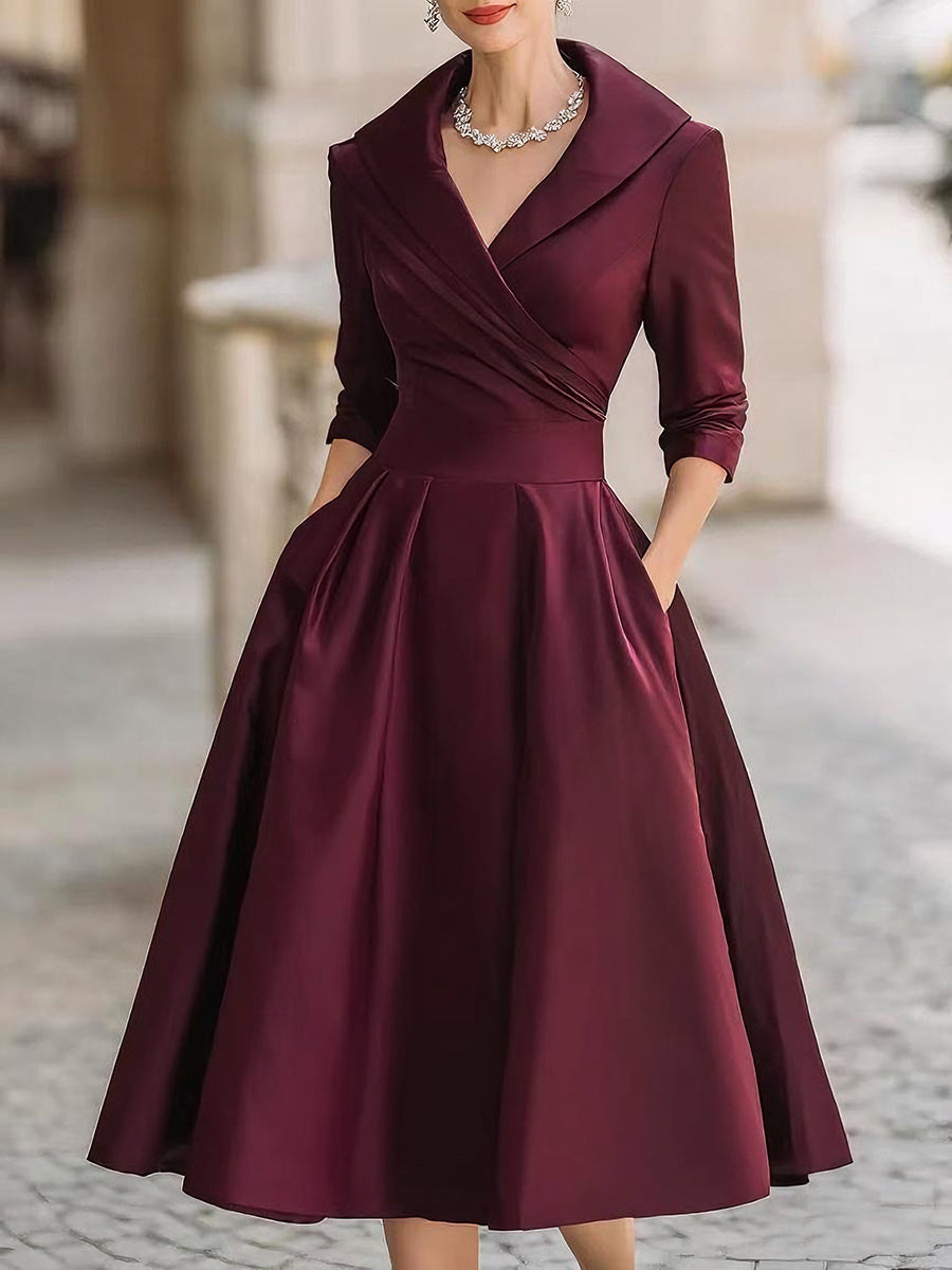 Vestido Midi de Satén Vintage con Escote Drapeado