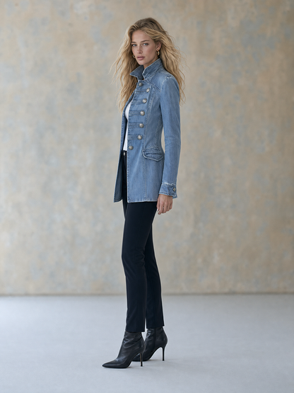 Marina | Abrigo vaquero azul de estilo militar con doble botonadura