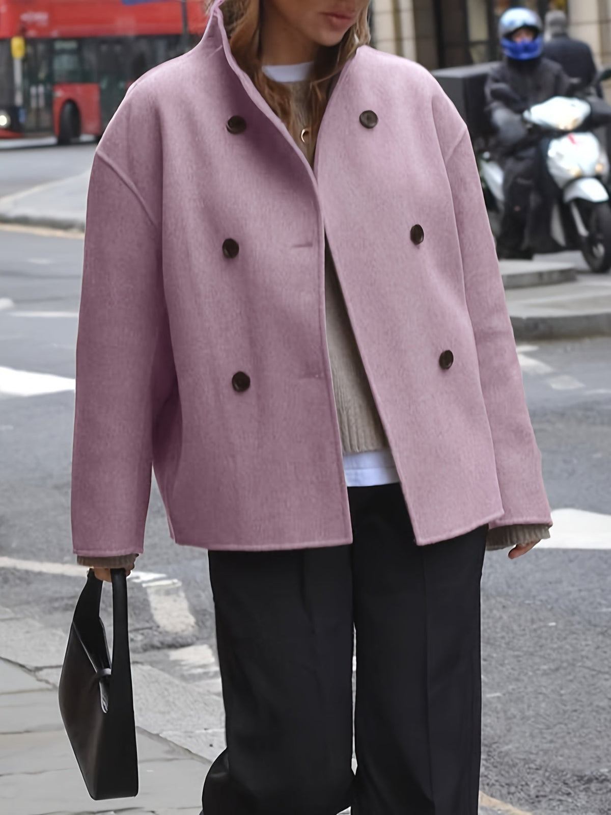 Beatrice / Abrigo de lana para mujer con cuello alto, manga larga, cierre cruzado de doble botonadura y corte oversize de estilo casual