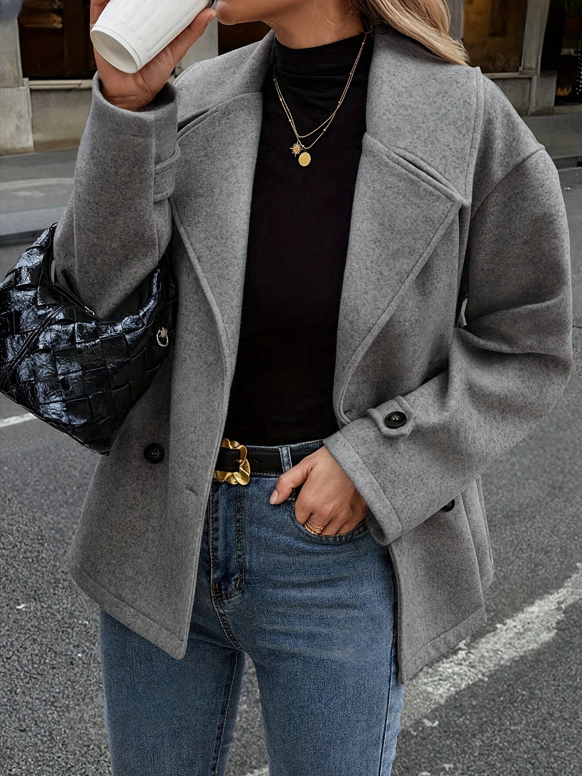 Martina / Elegante abrigo de lana gris oscuro para mujer con solapas de muesca, manga larga, cierre cruzado de doble botonadura y corte oversize