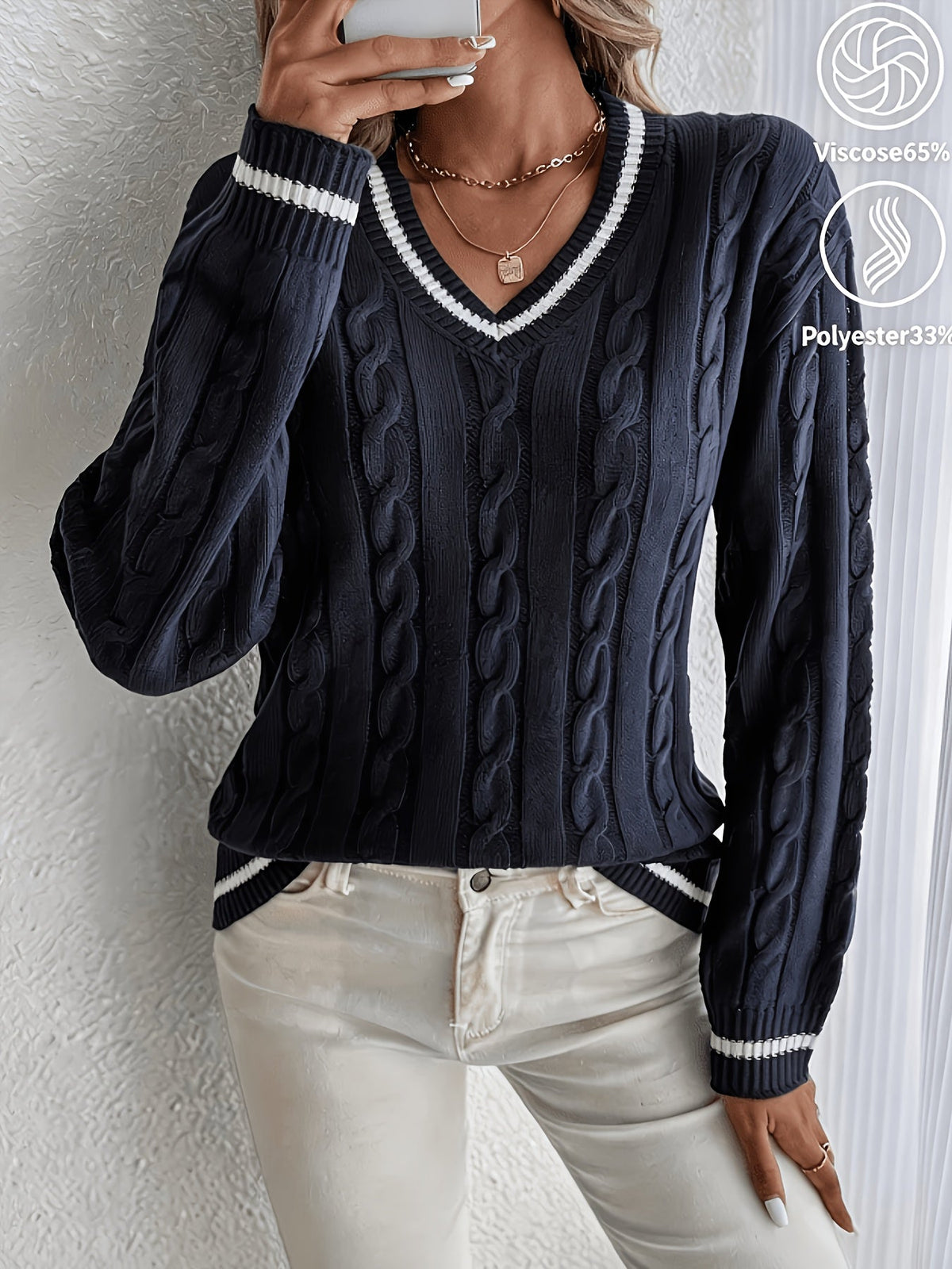 Jersey de Punto Trenzado Cómodo para Mujer con Cuello en V, Manga Larga, Ribete de Rayas y Estilo Oversize Relajado