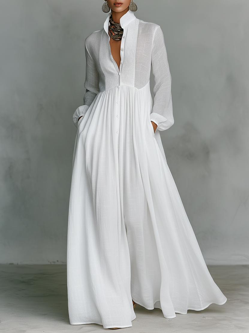 Vestido Maxi De Algodón Y Lino Con Cuello Alzado