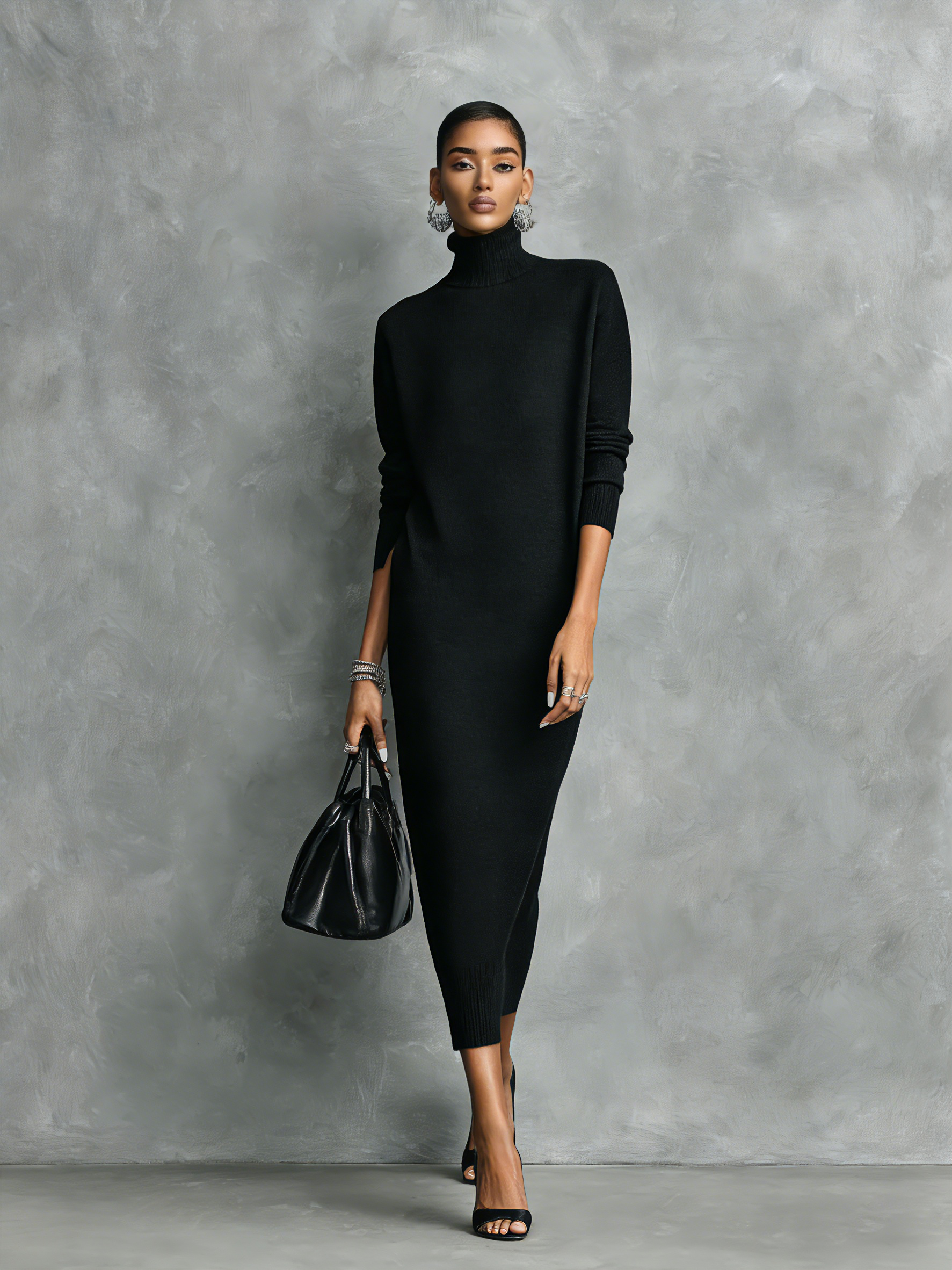 Vestido Midi De Punto Con Cuello Alto Y Manga Larga