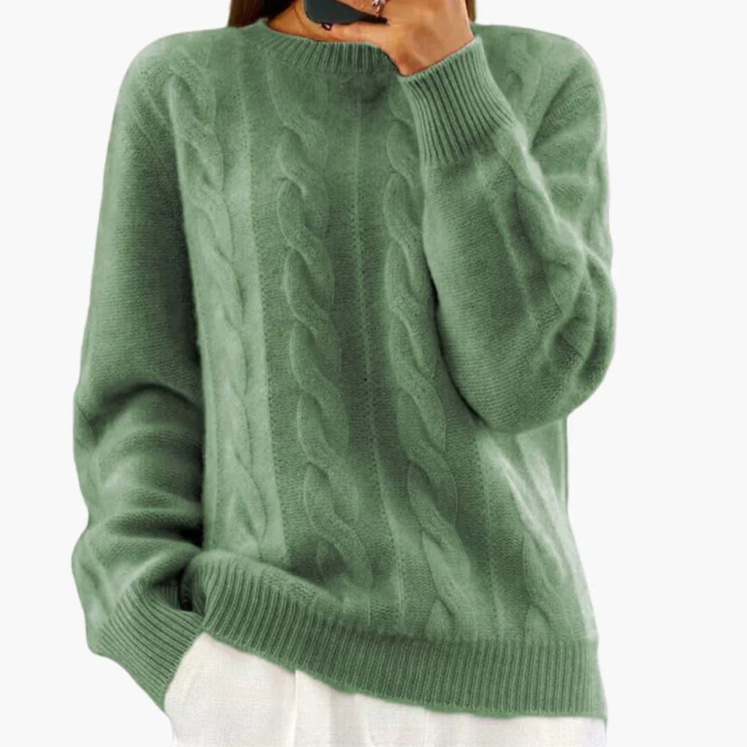 Jersey de Punto Trenzado Cómodo para Mujer con Cuello Redondo, Manga Larga y Estilo Oversize Relajado