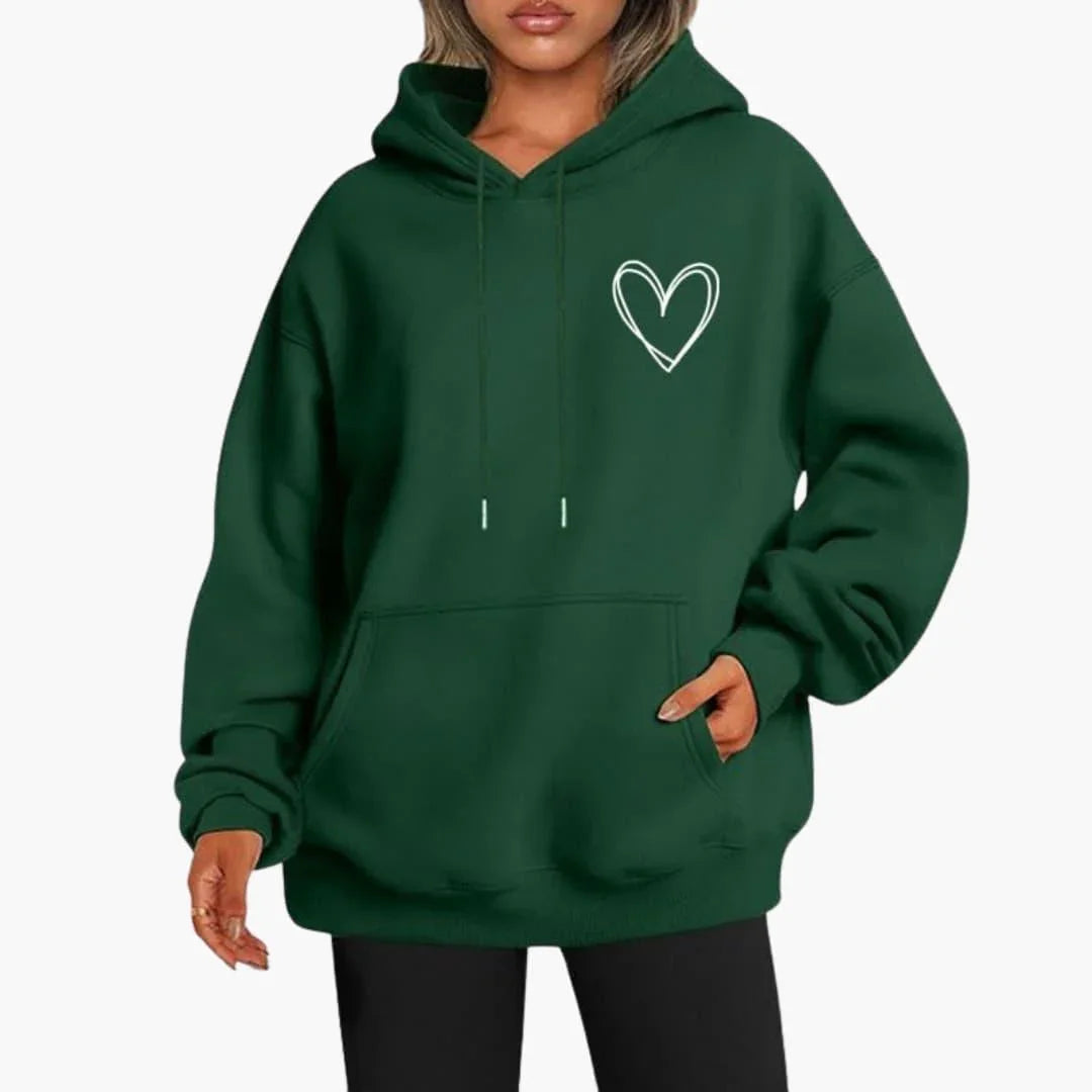 Sudadera Estampada de Corazones Cómoda para Mujer con Capucha de Cordón, Manga Larga y Estilo Oversize Relajado